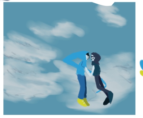 john egbert and roxy lalonde in their godtier attire floating and facing each other in the sky. illustrated in a painterly style, loose and whispy clouds surround them.  they're holding hands.